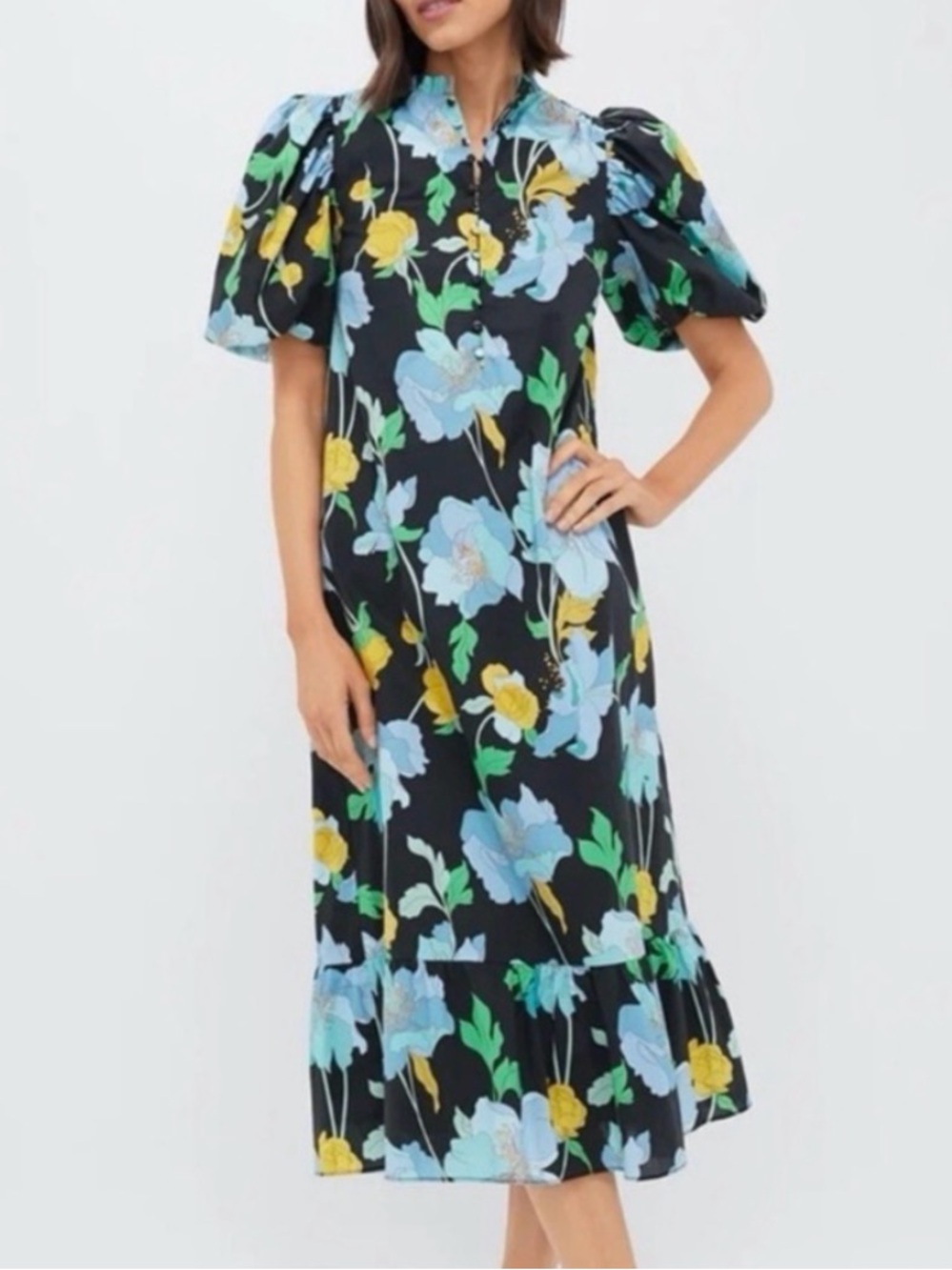 Hyacinth House Black & Airy Blue Floral Mimi Midi Dress